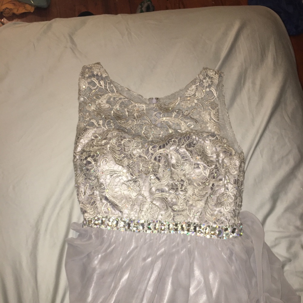 Silver PROM dress, lace, silk,& rhinestones